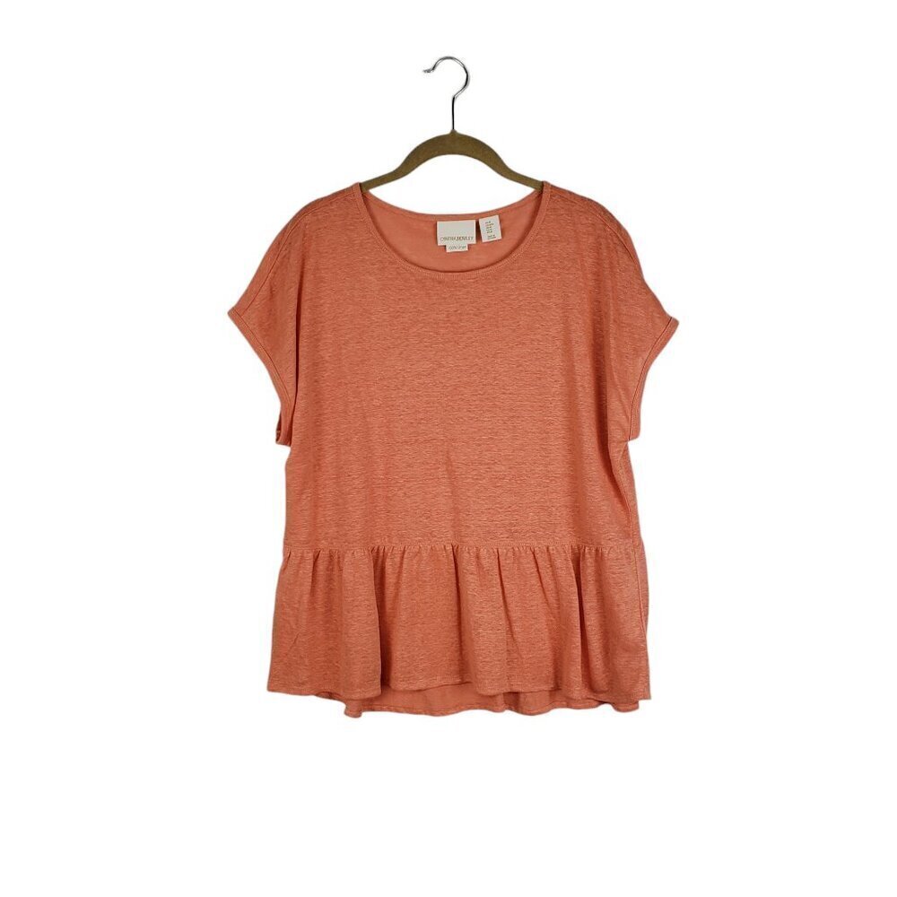 Cynthia Rowley Linen Babydoll Top Short Sleeve Peach Orange Peplum Size Medium